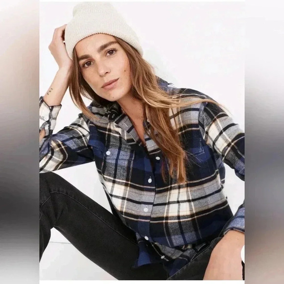 Madewell Tops - Madewell Flannel Flap-Pocket Oversized Ex-Boyfriend Shirt Blue Coltrane Plaid XS